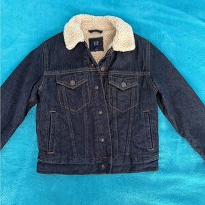 GAP Kids Sherpa Lined Trucker Denim Jacket Dark Wash Boy’s M 8-9